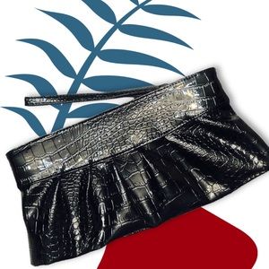 Black Patent Faux Croc Zip Clutch/Wristlet